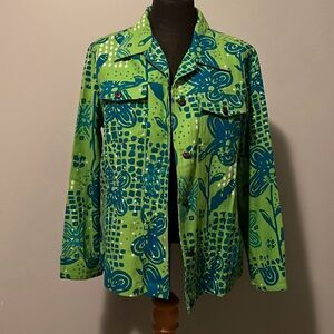 Women's Green And Blue Floral Button Down Long Sleeve Jacket